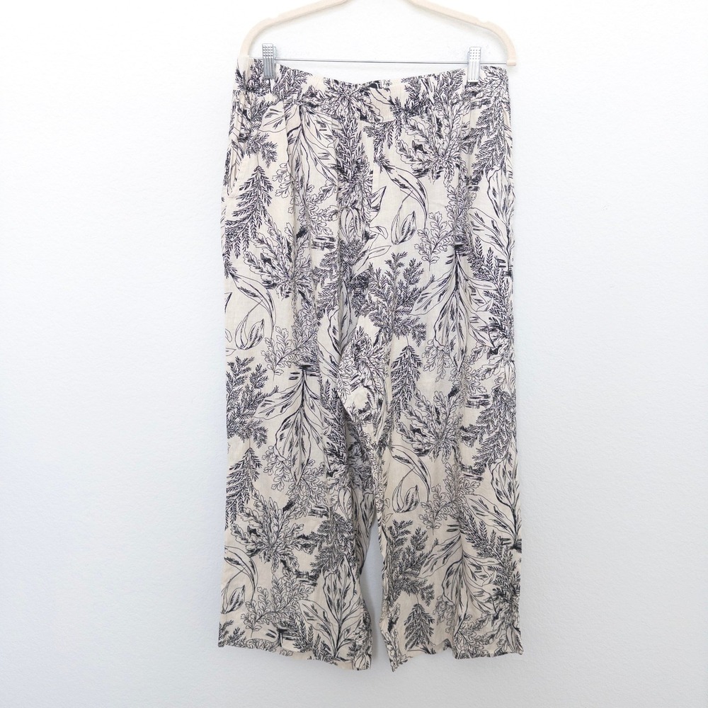 Tahari Womens Linen Pants Size XL Beige Black Botanical Wide Leg‎ Flowy Resort